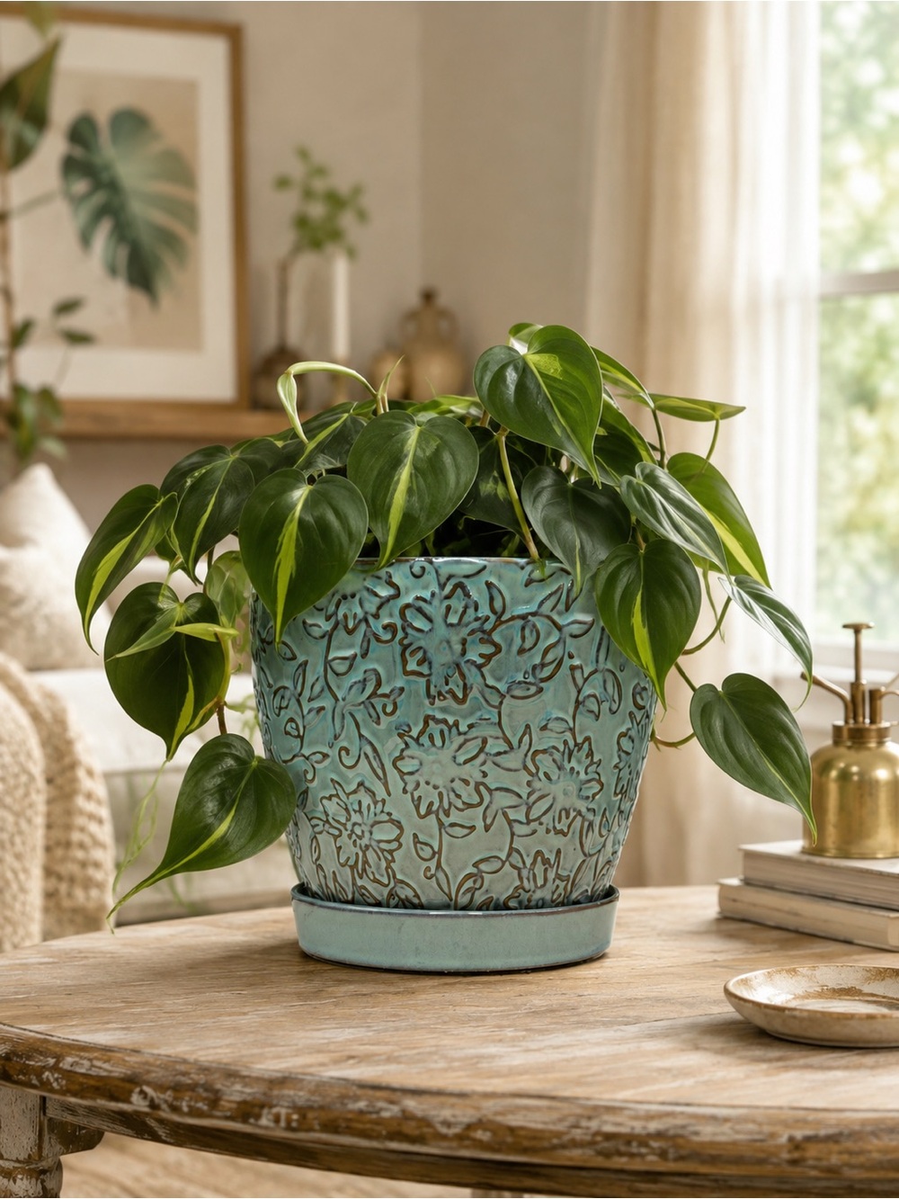 Embossed Floral Ceramic Planter with Saucer & Drainage | 6 Inch Light Blue